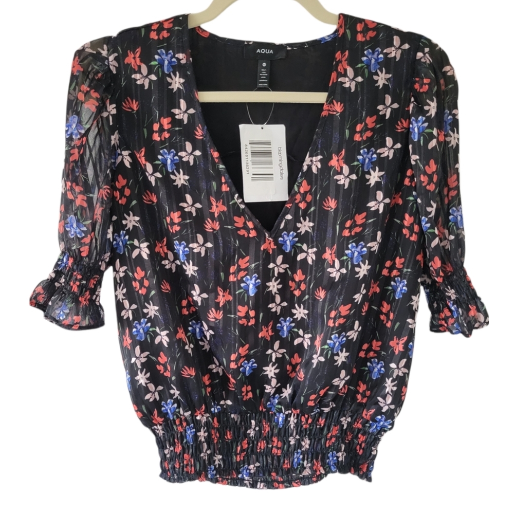 AQUA Floral Chiffon V neck Short Sleeves Blouse NWOT